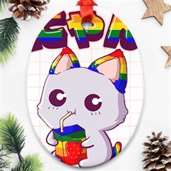 Gay Pride T- Shirt Gay Pride Kawaii Cat Strawberry Milk Rainbow Flag T- Shirt Oval Ornament (two Sides) by ZUXUMI