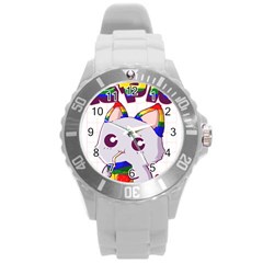 Gay Pride T- Shirt Gay Pride Kawaii Cat Strawberry Milk Rainbow Flag T- Shirt Round Plastic Sport Watch (l) by ZUXUMI