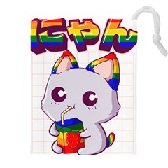 Gay Pride T- Shirt Gay Pride Kawaii Cat Strawberry Milk Rainbow Flag T- Shirt Drawstring Pouch (5xl) by ZUXUMI