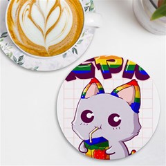 Gay Pride T- Shirt Gay Pride Kawaii Cat Strawberry Milk Rainbow Flag T- Shirt Uv Print Round Tile Coaster by ZUXUMI