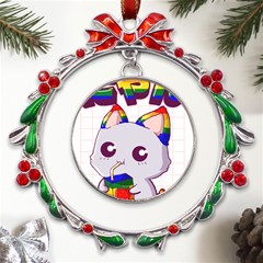 Gay Pride T- Shirt Gay Pride Kawaii Cat Strawberry Milk Rainbow Flag T- Shirt Metal X mas Wreath Ribbon Ornament by ZUXUMI