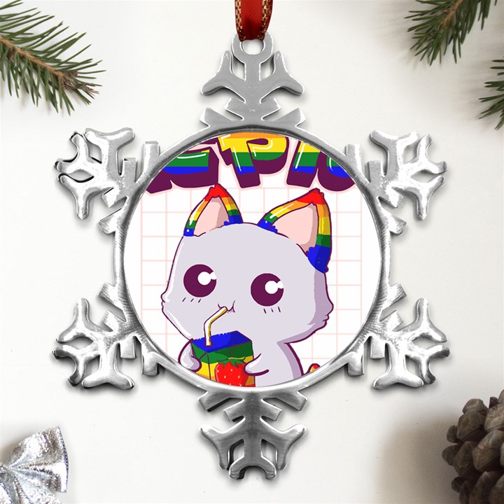 Gay Pride T- Shirt Gay Pride Kawaii Cat Strawberry Milk Rainbow Flag T- Shirt Metal Small Snowflake Ornament