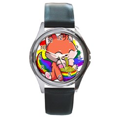 Gay Pride T- Shirt Gay Pride Kawaii Fox Ramen Noodles Rainbow Flag T- Shirt Round Metal Watch by ZUXUMI