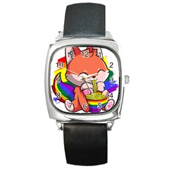 Gay Pride T- Shirt Gay Pride Kawaii Fox Ramen Noodles Rainbow Flag T- Shirt Square Metal Watch by ZUXUMI