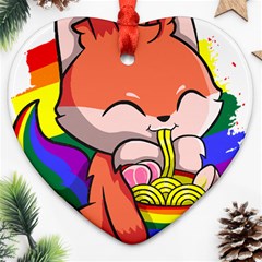 Gay Pride T- Shirt Gay Pride Kawaii Fox Ramen Noodles Rainbow Flag T- Shirt Heart Ornament (two Sides) by ZUXUMI