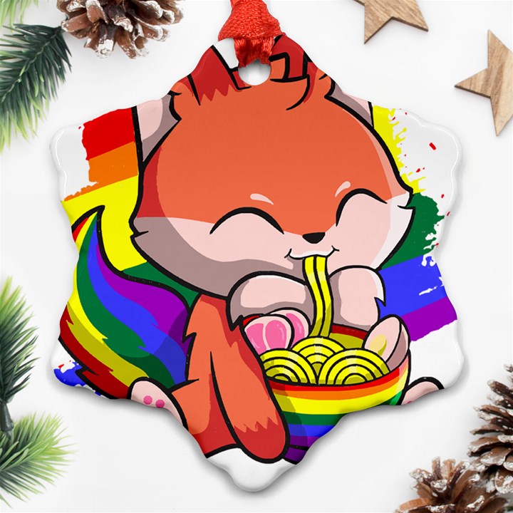 Gay Pride T- Shirt Gay Pride Kawaii Fox Ramen Noodles Rainbow Flag T- Shirt Snowflake Ornament (Two Sides)