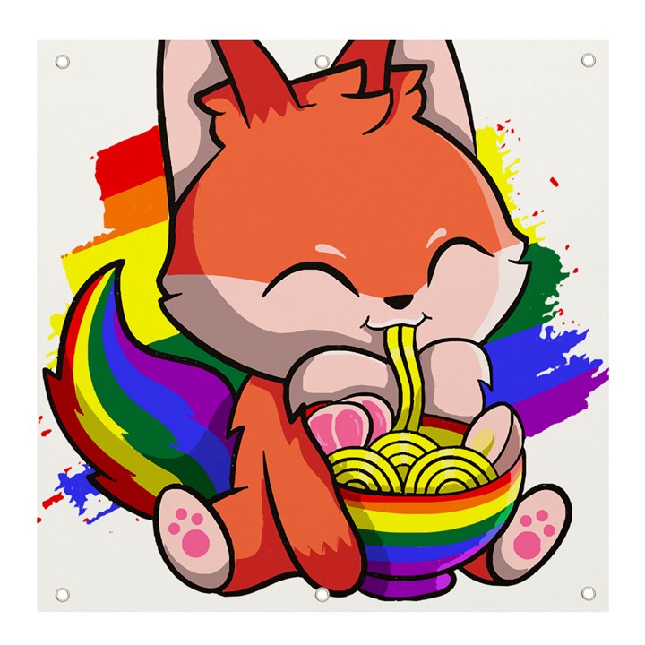 Gay Pride T- Shirt Gay Pride Kawaii Fox Ramen Noodles Rainbow Flag T- Shirt Banner and Sign 4  x 4 