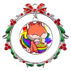 Gay Pride T- Shirt Gay Pride Kawaii Fox Ramen Noodles Rainbow Flag T- Shirt Metal X mas Wreath Ribbon Ornament by ZUXUMI