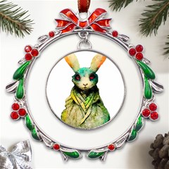 Rabbit T-shirtrabbit Watercolor Painting #rabbit T-shirt (5) Metal X mas Wreath Ribbon Ornament