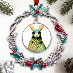 Rabbit T-shirtrabbit Watercolor Painting #rabbit T-shirt (5) Metal X mas Wreath Holly leaf Ornament