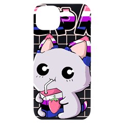 Genderfluid T- Shirt Genderfluid Pride Kawaii Cat Strawberry Milk T- Shirt Iphone 14 Plus Black Uv Print Case by ZUXUMI