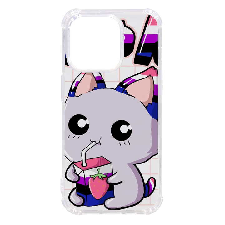 Genderfluid T- Shirt Genderfluid Pride Kawaii Cat Strawberry Milk T- Shirt iPhone 14 Pro TPU UV Print Case