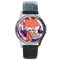 Genderfluid T- Shirt Genderfluid Pride Kawaii Fox Ramen Noodles Genderfluid Flag T- Shirt Round Metal Watch by ZUXUMI