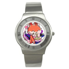 Genderfluid T- Shirt Genderfluid Pride Kawaii Fox Ramen Noodles Genderfluid Flag T- Shirt Stainless Steel Watch by ZUXUMI