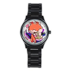 Genderfluid T- Shirt Genderfluid Pride Kawaii Fox Ramen Noodles Genderfluid Flag T- Shirt Stainless Steel Round Watch by ZUXUMI