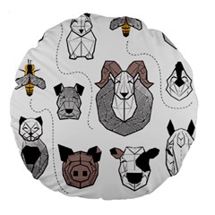 Geometric Animals T- Shirt Friendly Geometric Farm Animals    Print    Green Grey Linen Texture Back Large 18  Premium Round Cushions