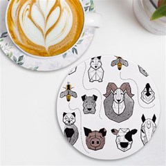 Geometric Animals T- Shirt Friendly Geometric Farm Animals    Print    Green Grey Linen Texture Back Uv Print Round Tile Coaster by ZUXUMI