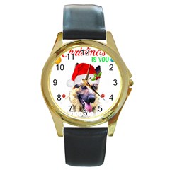 German Shepherd T- Shirt Cute German Shepherd Dog T- Shirt (1) Round Gold Metal Watch by ZUXUMI