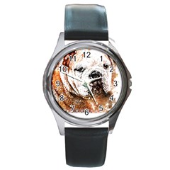 Bulldog T- Shirt English Bulldog Animal Wildlife Forest Nature Discovery Fauna T- Shirt Round Metal Watch by JamesGoode