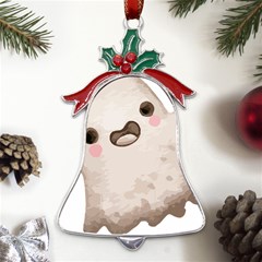 Ghost T- Shirt Watercolor Cute Ghost T- Shirt Metal Holly Leaf Bell Ornament by ZUXUMI