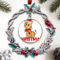 Giraffe T- Shirt Cute Giraffe T- Shirt Metal X mas Wreath Holly Leaf Ornament by ZUXUMI