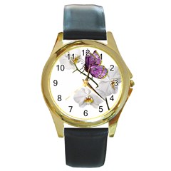 Butterfly Art T- Shirtbutterfly T- Shirt (2) Round Gold Metal Watch