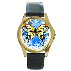 Butterfly Art T- Shirtbutterfly T- Shirt Round Gold Metal Watch by JamesGoode