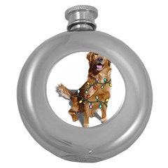 Golden Retriever Dog T- Shirt Golden Retriever Dog Santa Christmas Tree Lights Xmas T- Shirt Round Hip Flask (5 Oz) by ZUXUMI