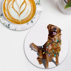 Golden Retriever Dog T- Shirt Golden Retriever Dog Santa Christmas Tree Lights Xmas T- Shirt Uv Print Round Tile Coaster