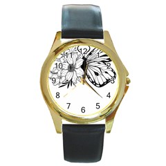 Butterfly T- Shirt Floral Butterfly T- Shirt Round Gold Metal Watch by JamesGoode