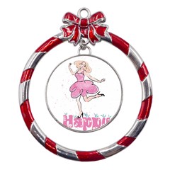 Happy Girl Metal Red Ribbon Round Ornament by SychEva