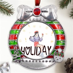 Holiday Metal X mas Ribbon With Red Crystal Round Ornament