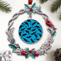 Dolphin Silhouette Pattern Metal X mas Wreath Holly Leaf Ornament