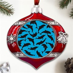 Dolphin Silhouette Pattern Metal Snowflake And Bell Red Ornament