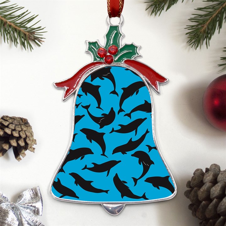 Dolphin Silhouette Pattern Metal Holly Leaf Bell Ornament