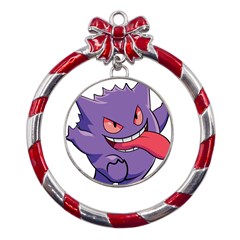 Purple Funny Monster Metal Red Ribbon Round Ornament