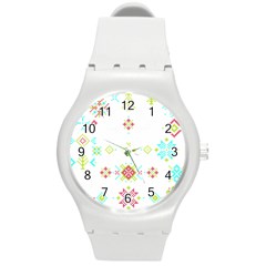 Christmas Cross Stitch Pattern Effect Holidays Symmetry Round Plastic Sport Watch (m) by Sarkoni