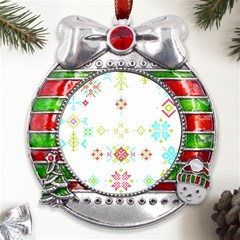 Christmas Cross Stitch Pattern Effect Holidays Symmetry Metal X mas Ribbon With Red Crystal Round Ornament by Sarkoni