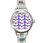 Bat Pattern T- Shirt White Bats And Bows Red Blue T- Shirt Round Italian Charm Watch Front