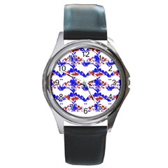 Bat Pattern T- Shirt White Bats And Bows Red Blue T- Shirt Round Metal Watch by EnriqueJohnson