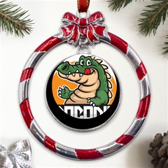 Funny Crocodile Metal Red Ribbon Round Ornament by Sarkoni