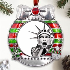 Funny Statue Of Liberty Parody Metal X mas Ribbon With Red Crystal Round Ornament by Sarkoni