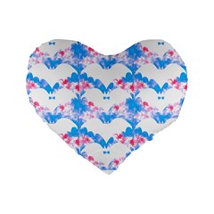 Bats Pattern T- Shirt White Bats And Bows Blue Pink T- Shirt Standard 16  Premium Flano Heart Shape Cushions by EnriqueJohnson