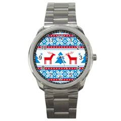 Red And Green Christmas Tree Winter Pattern Pixel Elk Buckle Holidays Sport Metal Watch by Sarkoni