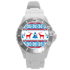 Red And Green Christmas Tree Winter Pattern Pixel Elk Buckle Holidays Round Plastic Sport Watch (l) by Sarkoni