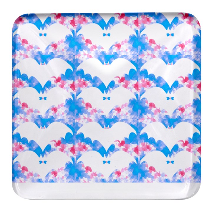 Bats Pattern T- Shirt White Bats And Bows Blue Pink T- Shirt Square Glass Fridge Magnet (4 pack)