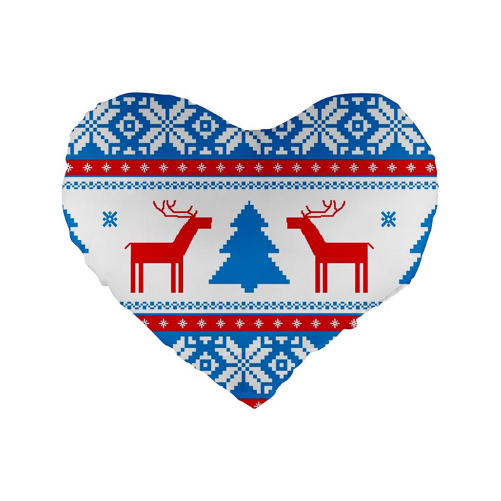 Red And Green Christmas Tree Winter Pattern Pixel Elk Buckle Holidays Standard 16  Premium Flano Heart Shape Cushions