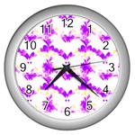 Bats Pattern T- Shirt White Bats And Bows Pink Yellow T- Shirt Wall Clock (Silver) Front