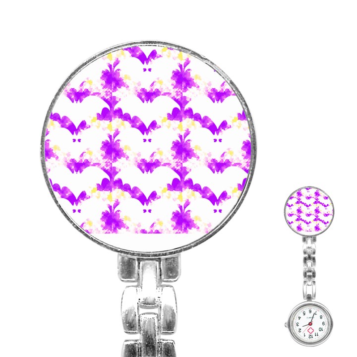 Bats Pattern T- Shirt White Bats And Bows Pink Yellow T- Shirt Stainless Steel Nurses Watch