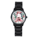 Botanical T- Shirt Botanical Pattern Hummingbird T- Shirt Stainless Steel Round Watch Front